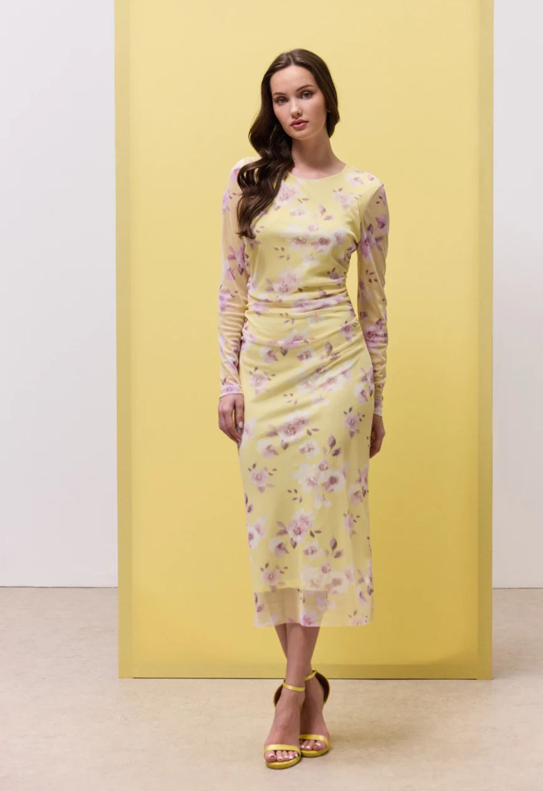 ΦΟΡΕΜΑ MIDI FLORAL ΜΕ ΣΟΥΡΕΣ-ΚΙΤΡΙΝΟ