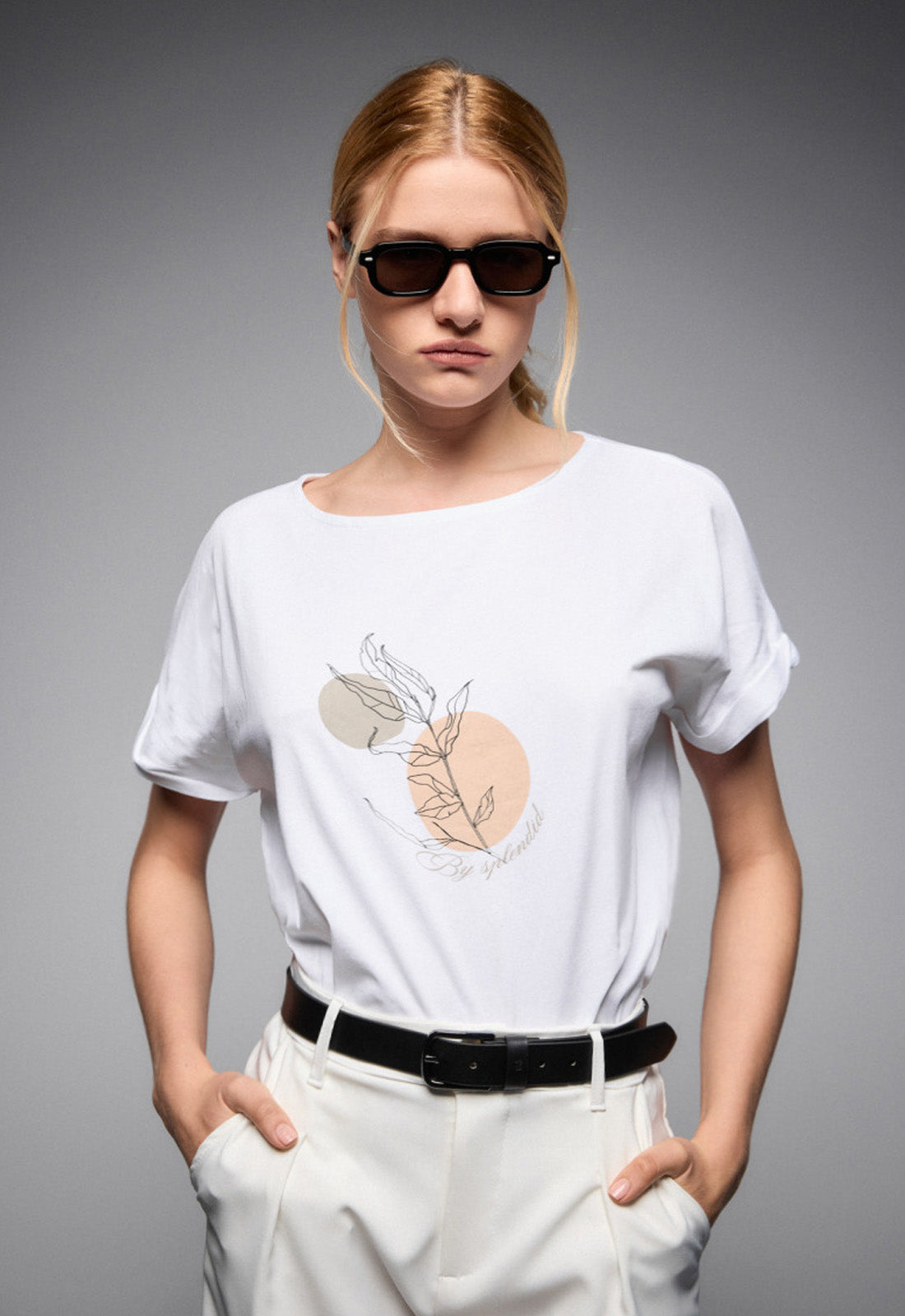 T-SHIRT ΜΕ ΤΥΠΩΜΑ ''CIRCLE WITH LEAF''-ΛΕΥΚΟ