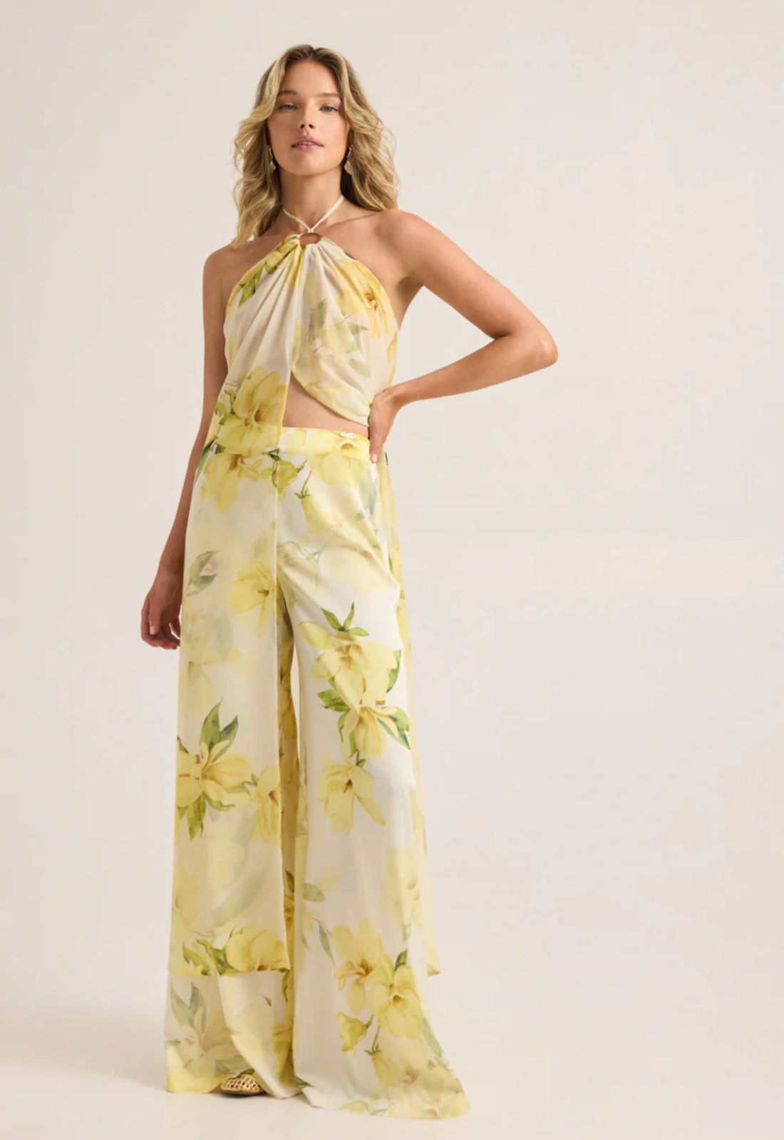 ΠΑΝΤΕΛΟΝΑ WIDE LEG FLORAL ΣΑΤΙΝΕ-LEMON