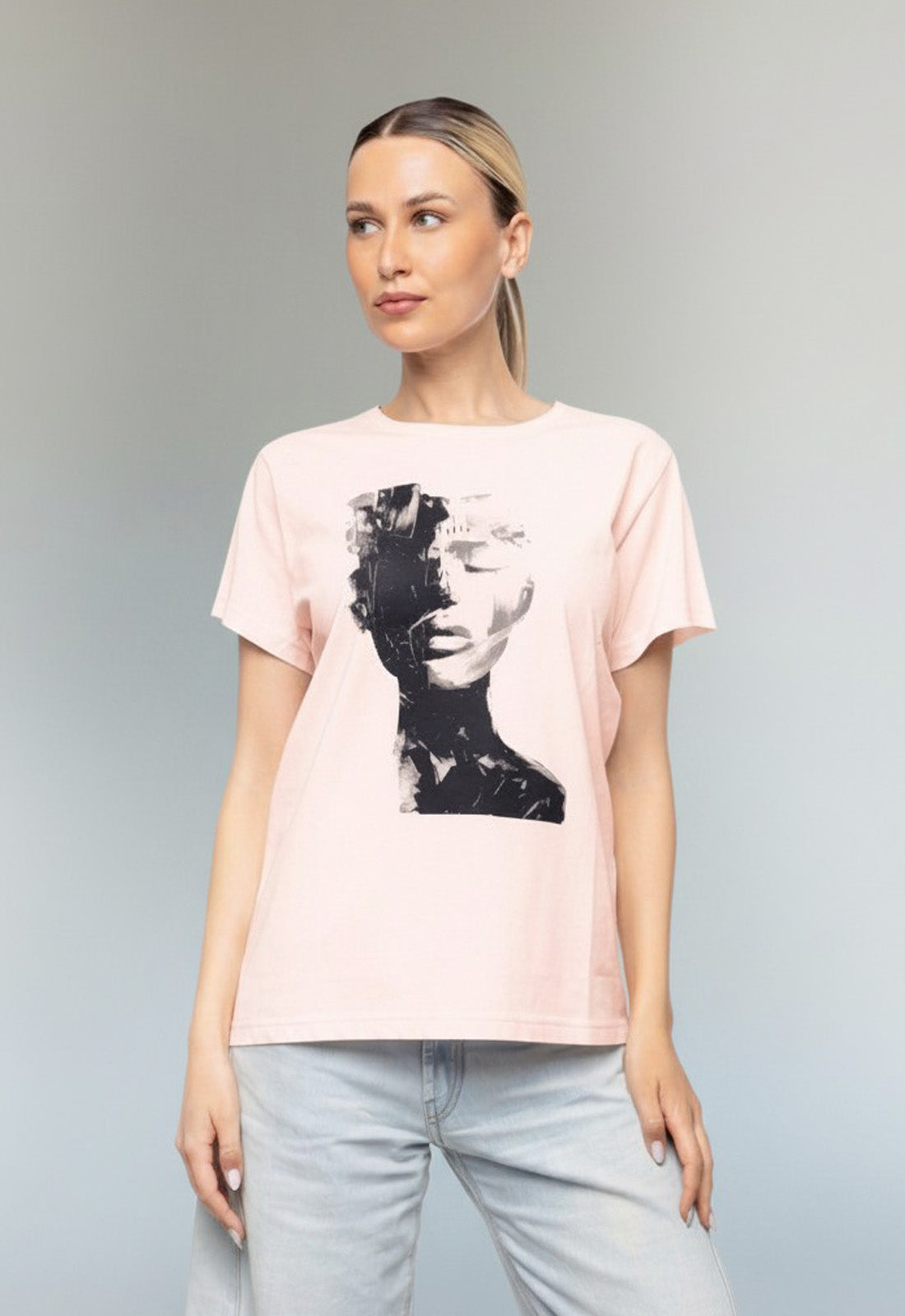 T-SHIRT ME ΤΥΠΩΜΑ ΠΡΟΣΩΠΟ-ΡΟΖ