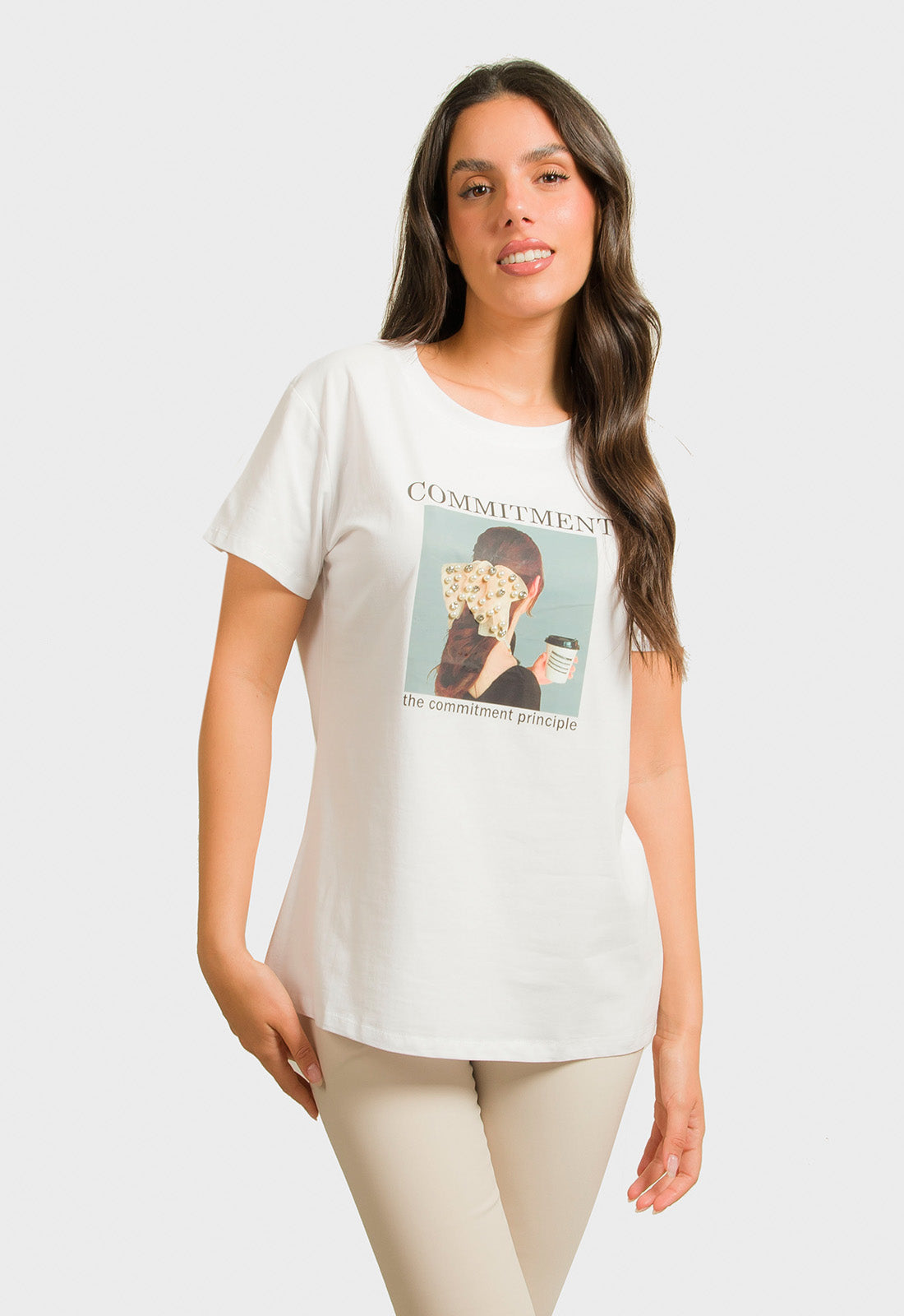 T-SHIRT ΜΕ ΣΤΑΜΠΑ ΚΑΙ ΠΕΡΛΕΣ-ΛΕΥΚΟ