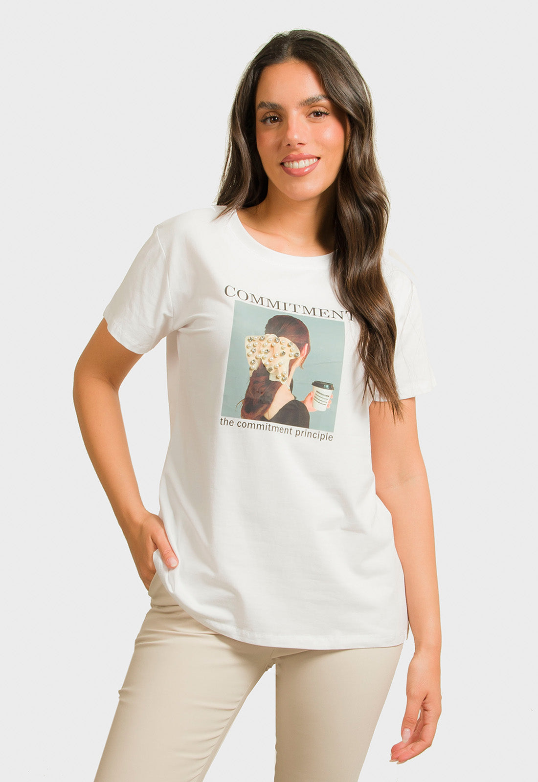 T-SHIRT ΜΕ ΣΤΑΜΠΑ ΚΑΙ ΠΕΡΛΕΣ-ΛΕΥΚΟ