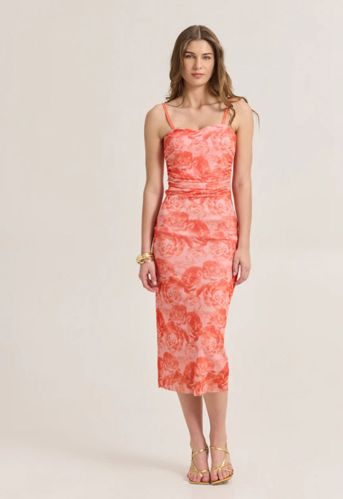 ΦΟΡΕΜΑ STRAPLESS MIDI FLORAL-ΤΟΜΑΤΟ