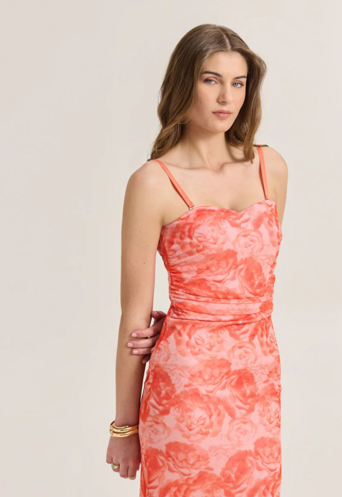 ΦΟΡΕΜΑ STRAPLESS MIDI FLORAL-ΤΟΜΑΤΟ