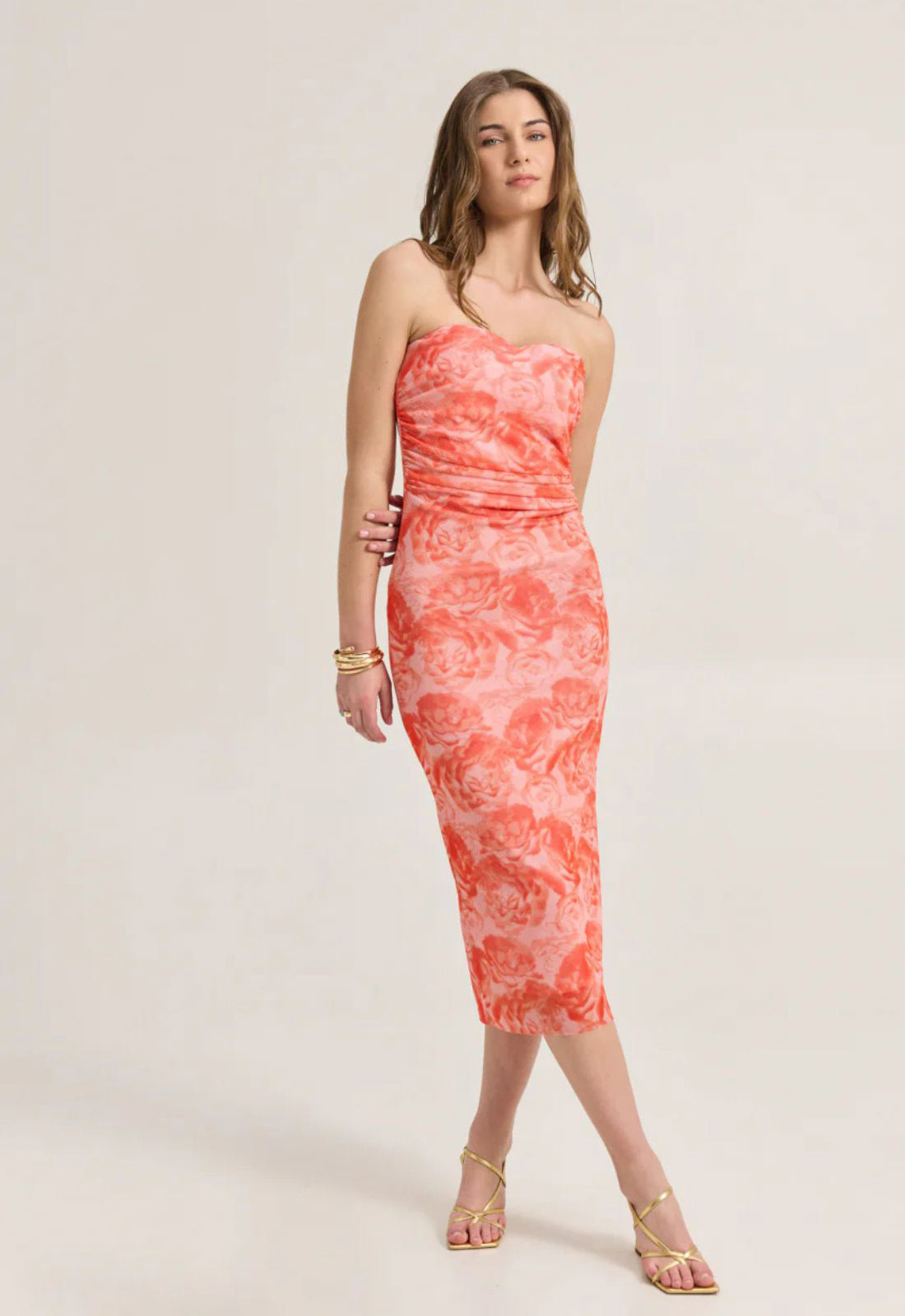 ΦΟΡΕΜΑ STRAPLESS MIDI FLORAL-ΤΟΜΑΤΟ