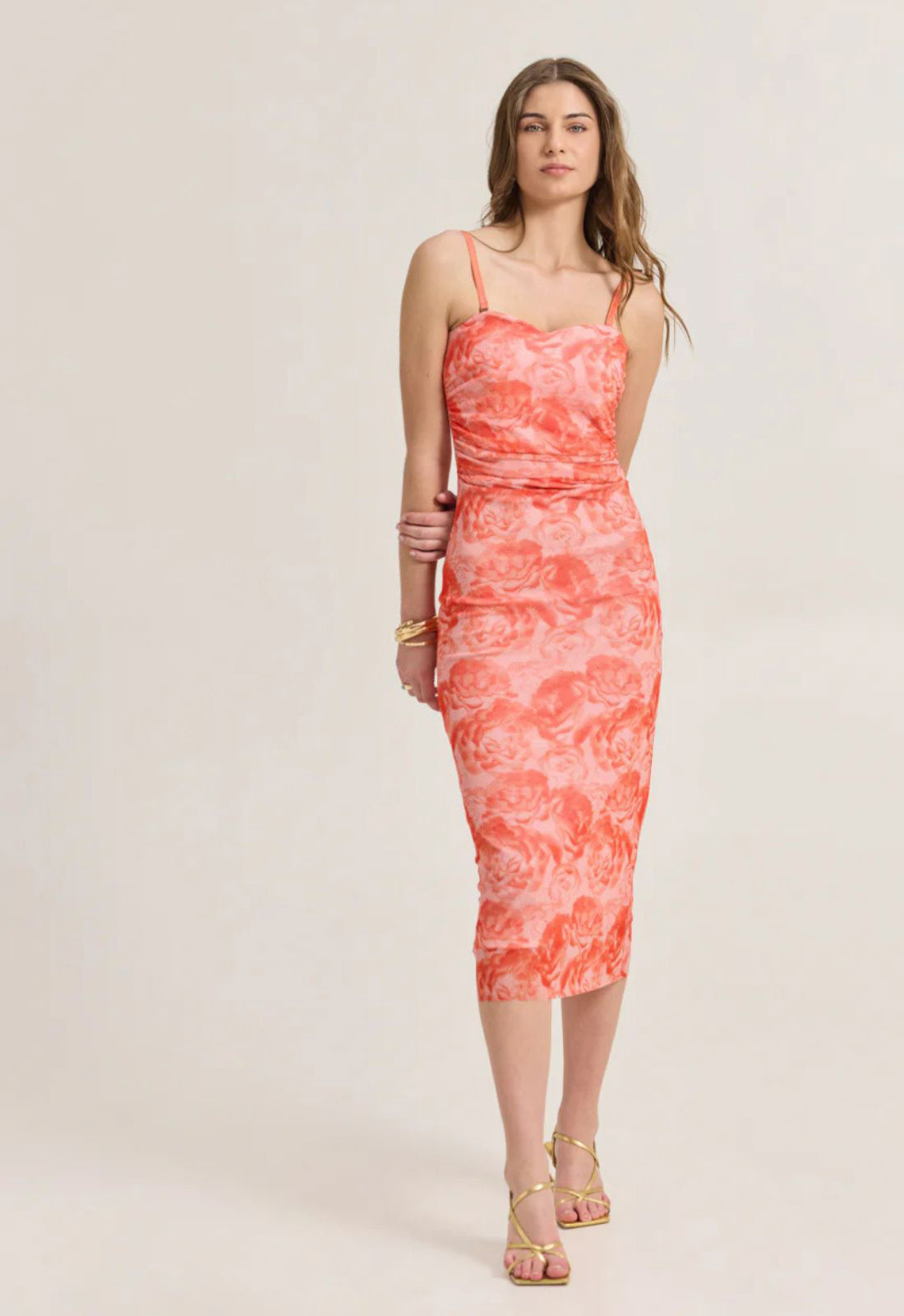 ΦΟΡΕΜΑ STRAPLESS MIDI FLORAL-ΤΟΜΑΤΟ