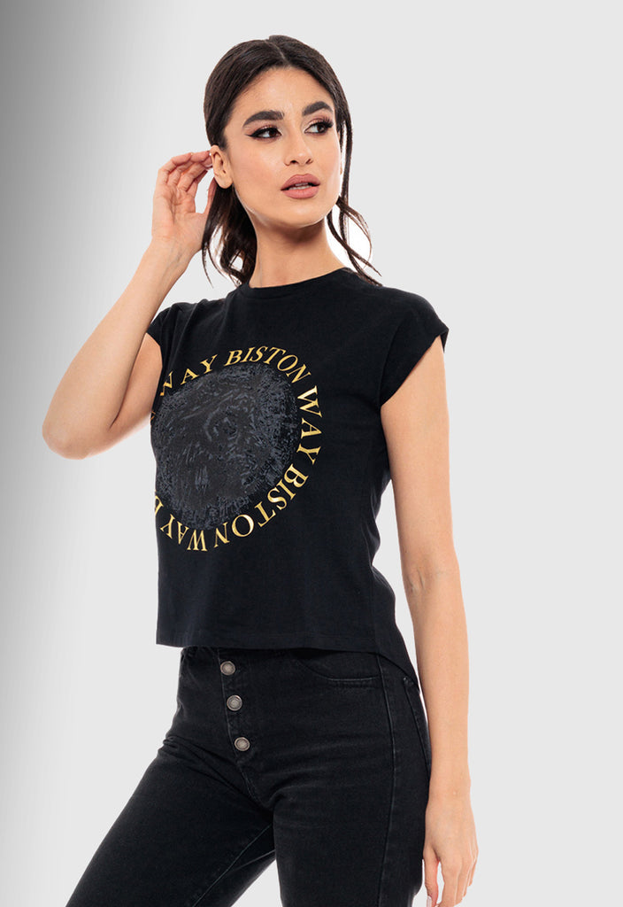 T-SHIRT ΒΑΜΒΑΚΕΡΟ ΜΕ ΤΥΠΩΜΑ "BISTON WAY"-ΜΑΥΡΟ