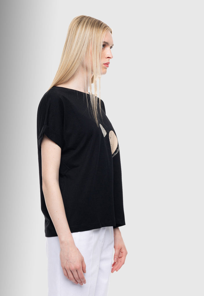 T-SHIRT ΜΕ ΤΥΠΩΜΑ ''CIRCLE WITH LEAF''-ΜΑΥΡΟ