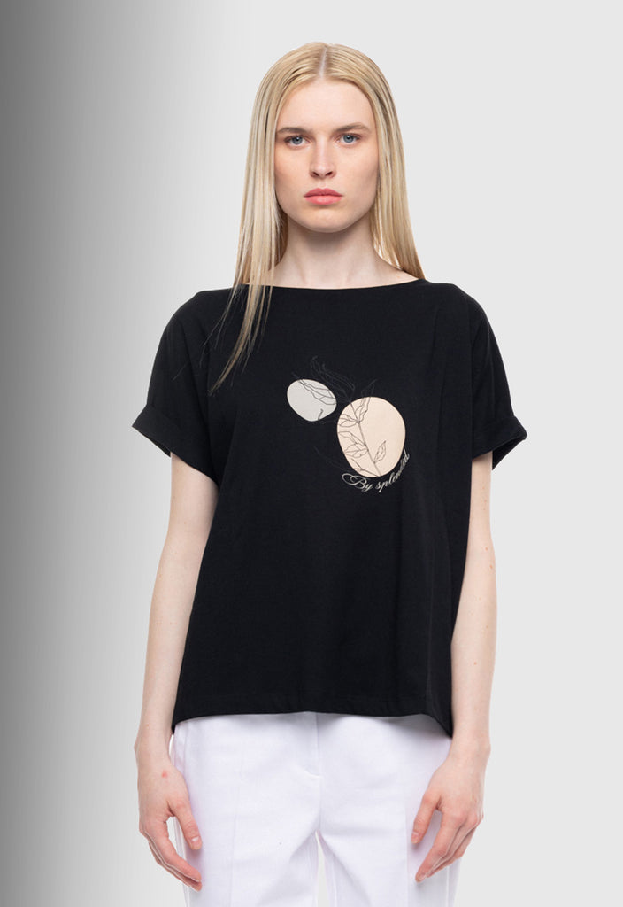 T-SHIRT ΜΕ ΤΥΠΩΜΑ ''CIRCLE WITH LEAF''-ΜΑΥΡΟ
