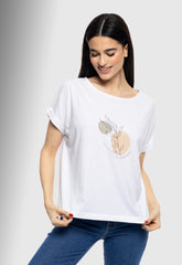 T-SHIRT ΜΕ ΤΥΠΩΜΑ ''CIRCLE WITH LEAF''-ΛΕΥΚΟ