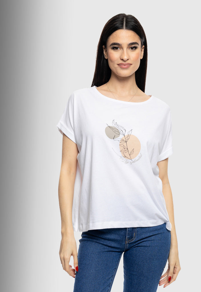 T-SHIRT ΜΕ ΤΥΠΩΜΑ ''CIRCLE WITH LEAF''-ΛΕΥΚΟ