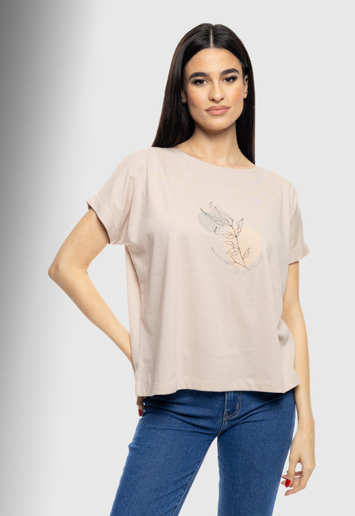 T-SHIRT ΜΕ ΤΥΠΩΜΑ ''CIRCLE WITH LEAF''-ΜΠΕΖ