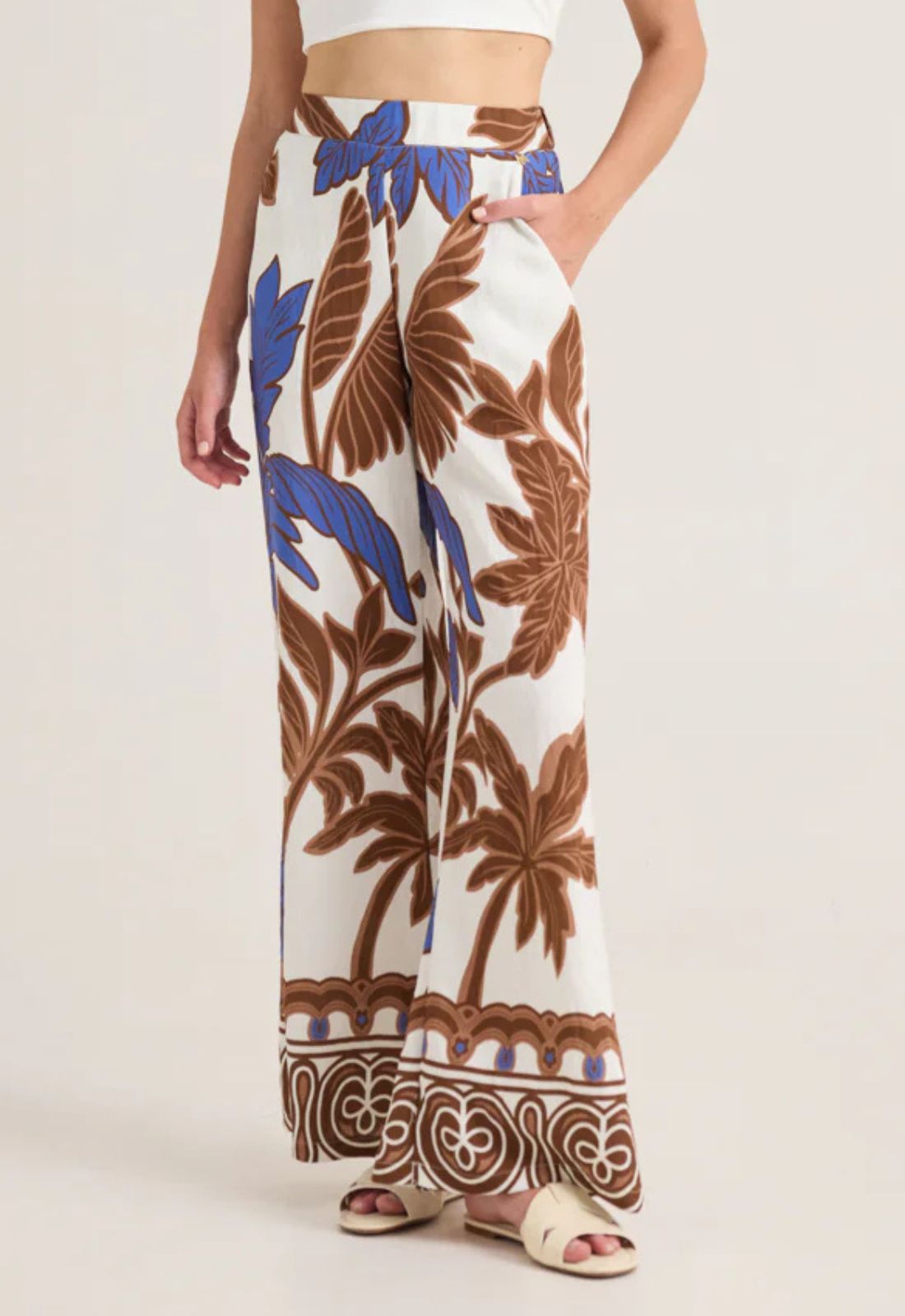 ΠΑΝΤΕΛΟΝΑ WIDE LEG ΜΕ TROPICAL PRINT-ΚΑΦΕ