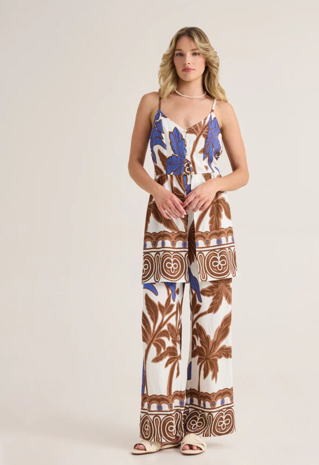 ΠΑΝΤΕΛΟΝΑ WIDE LEG ΜΕ TROPICAL PRINT-ΚΑΦΕ