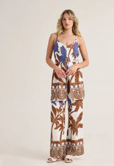 ΠΑΝΤΕΛΟΝΑ WIDE LEG ΜΕ TROPICAL PRINT-ΚΑΦΕ