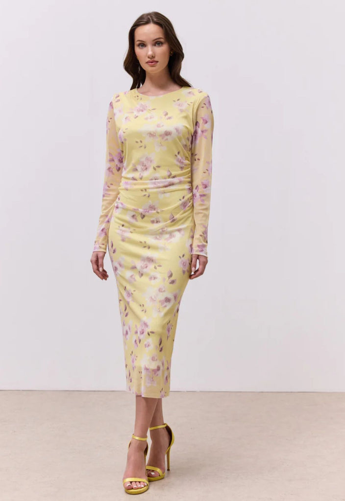 ΦΟΡΕΜΑ MIDI FLORAL ΜΕ ΣΟΥΡΕΣ-ΚΙΤΡΙΝΟ