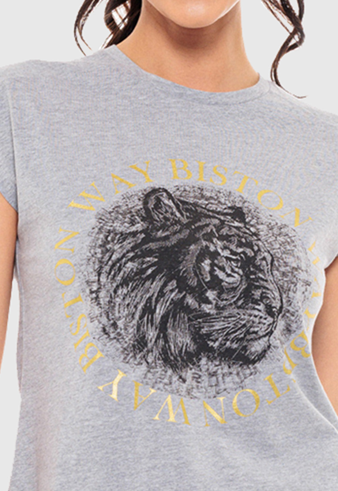 T-SHIRT ΒΑΜΒΑΚΕΡΟ ΜΕ ΤΥΠΩΜΑ "BISTON WAY"-ΓΚΡΙ