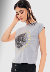 T-SHIRT ΒΑΜΒΑΚΕΡΟ ΜΕ ΤΥΠΩΜΑ "BISTON WAY"-ΓΚΡΙ