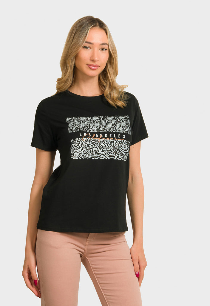 T-SHIRT ME ANIMAL PRINT ΣΤΑΜΠΑ-ΜΑΥΡΟ