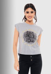 T-SHIRT ΒΑΜΒΑΚΕΡΟ ΜΕ ΤΥΠΩΜΑ "BISTON WAY"-ΓΚΡΙ