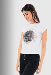 T-SHIRT ΒΑΜΒΑΚΕΡΟ ΜΕ ΤΥΠΩΜΑ "BISTON WAY"-ΛΕΥΚΟ