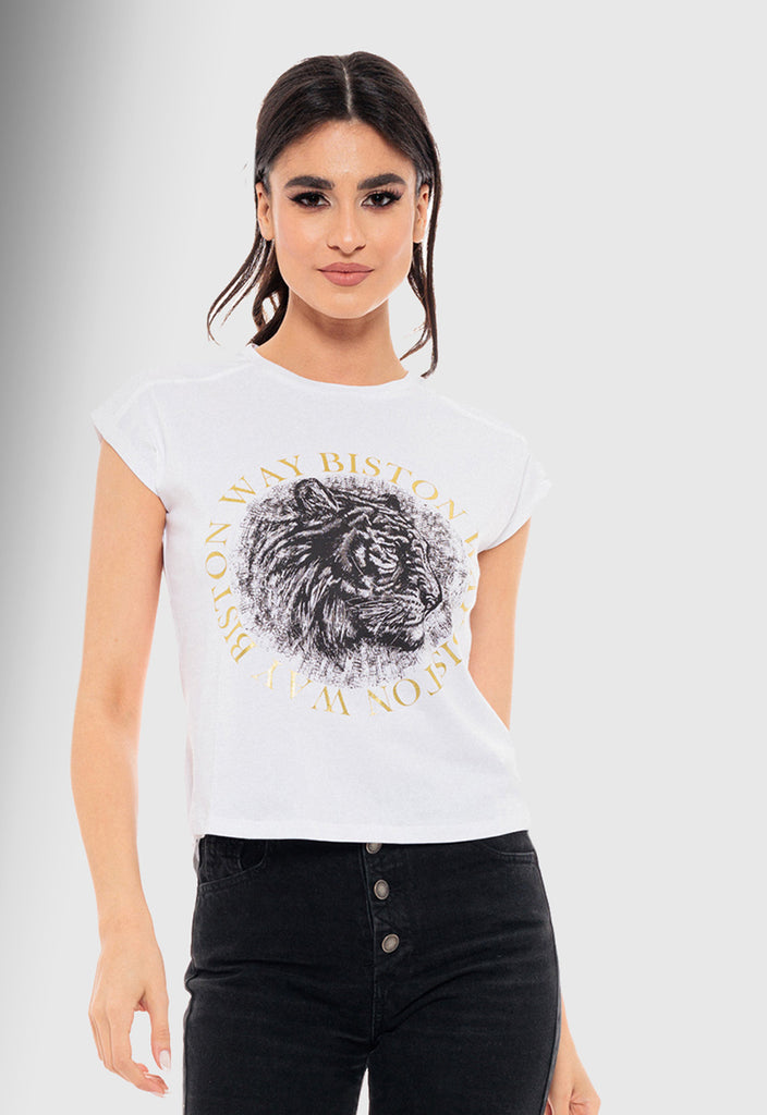 T-SHIRT ΒΑΜΒΑΚΕΡΟ ΜΕ ΤΥΠΩΜΑ "BISTON WAY"-ΛΕΥΚΟ
