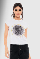 T-SHIRT ΒΑΜΒΑΚΕΡΟ ΜΕ ΤΥΠΩΜΑ "BISTON WAY"-ΛΕΥΚΟ