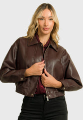 ΜΠΟΥΦΑΝ CROPPED ΔΕΡΜΑΤΙΝΗΣ ΤΥΠΟΥ BOMBER-ΣΚΟΥΡΟ ΜΠΟΡΝΤΟ