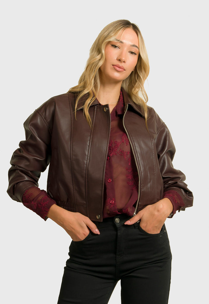 ΜΠΟΥΦΑΝ CROPPED ΔΕΡΜΑΤΙΝΗΣ ΤΥΠΟΥ BOMBER-ΣΚΟΥΡΟ ΜΠΟΡΝΤΟ