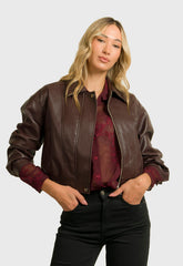 ΜΠΟΥΦΑΝ CROPPED ΔΕΡΜΑΤΙΝΗΣ ΤΥΠΟΥ BOMBER-ΣΚΟΥΡΟ ΜΠΟΡΝΤΟ