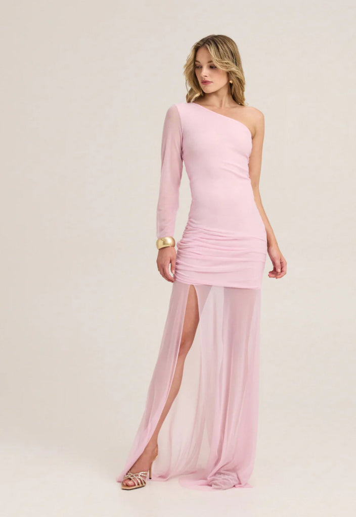 ΦΟΡΕΜΑ MAXI OFF-SHOULDER ΜΕ ΔΙΑΦΑΝΕΙΑ-ΡΟΖ
