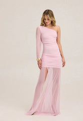 ΦΟΡΕΜΑ MAXI OFF-SHOULDER ΜΕ ΔΙΑΦΑΝΕΙΑ-ΡΟΖ
