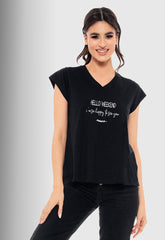 T-SHIRT ΒΑΒΜΒΑΚΕΡΟ ΜΕ V & ΤΥΠΩΜΑ-ΜΑΥΡΟ