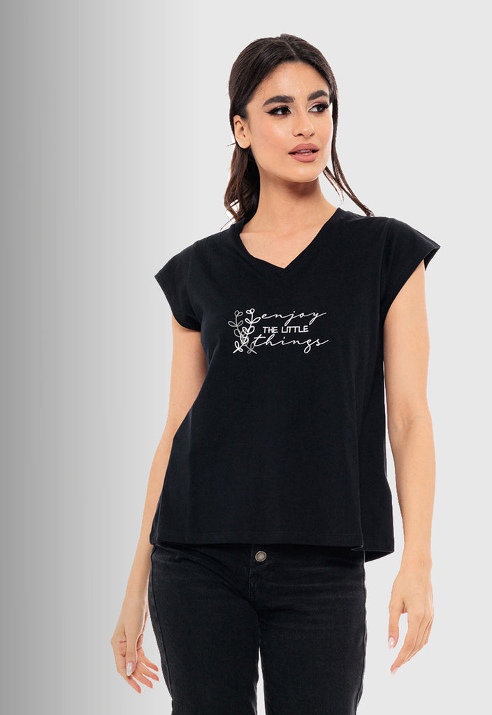 T-SHIRT ΜΕ ΤΥΠΩΜΑ "enjoy" -ΜΑΥΡΟ