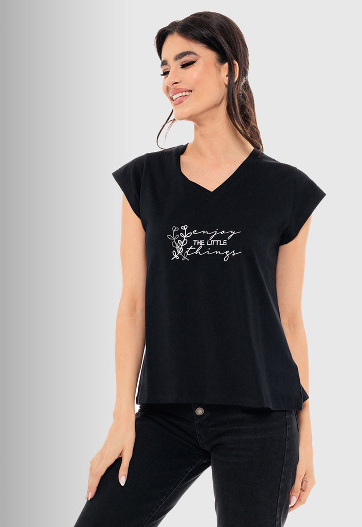 T-SHIRT ΜΕ ΤΥΠΩΜΑ "enjoy" -ΜΑΥΡΟ