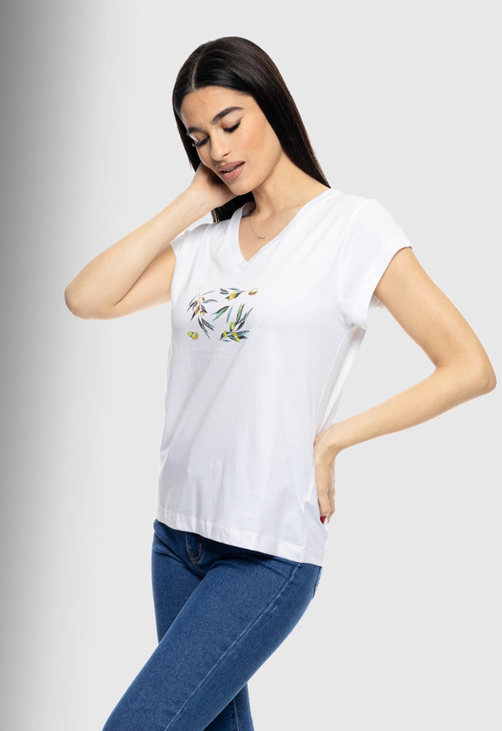 T-SHIRT ΜΕ ΤΥΠΩΜΑ ''OLIVES''-ΛΕΥΚΟ